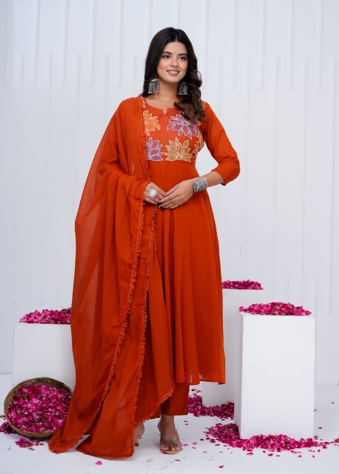 Rust Charm Cotton A-Line Kurti Set