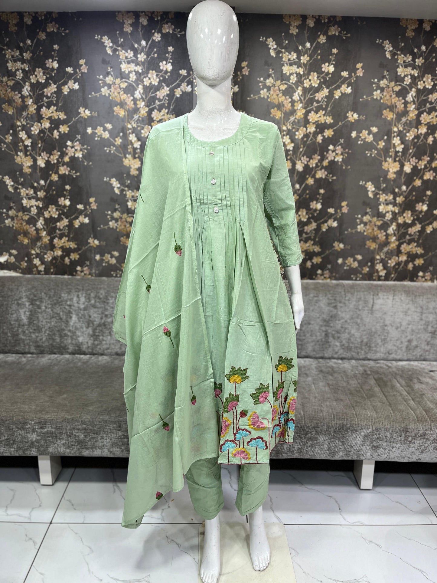 Preorder only - Pista green cross stitch embroidery kurti set