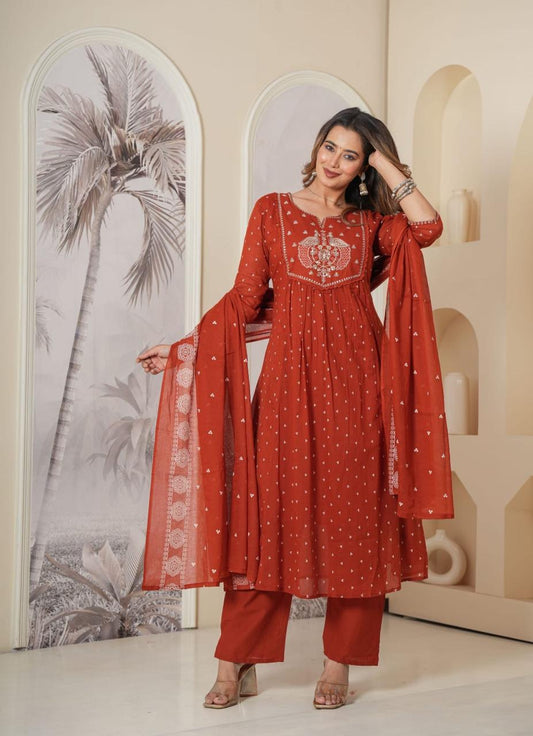 Rust Anarkali Set with designer Yoke