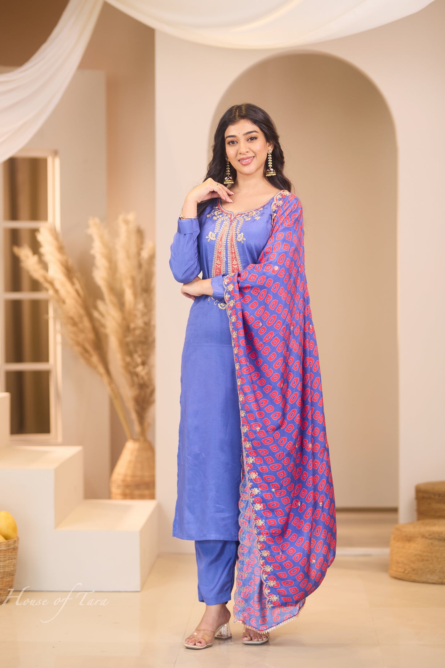 Blue Kurti Set with Red Neck Detailing and Printed Dupatta - Vibrant Elegance