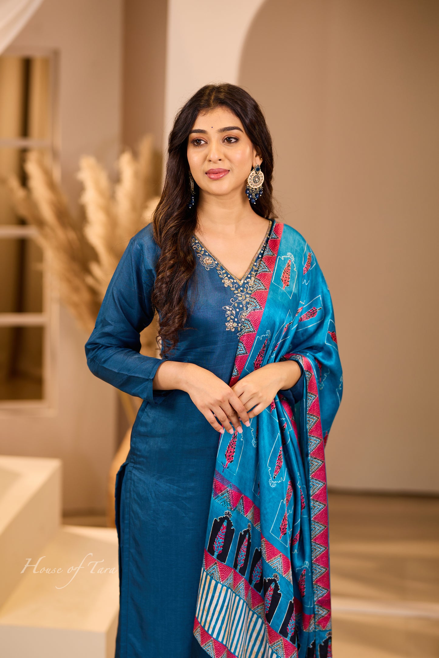 Dark Blue Kurti Set with Gajji Silk Dupatta and Embellished Neckline