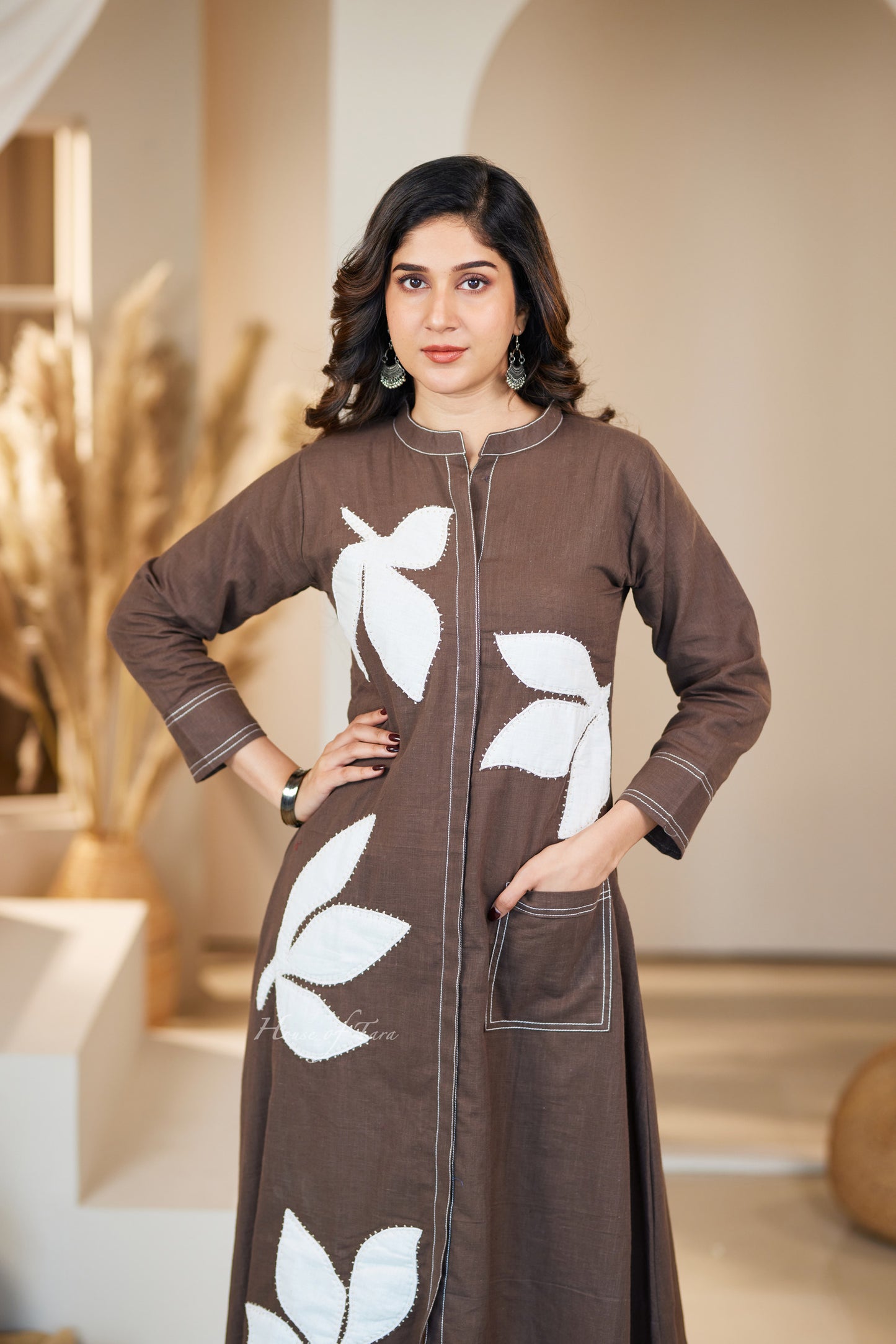 Coffee Linen Summer Frock with Leaf Appliqué Hand Embroidery in Four Colors