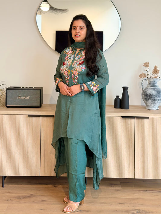 Moss Green high low Designer Embroidered Kurti