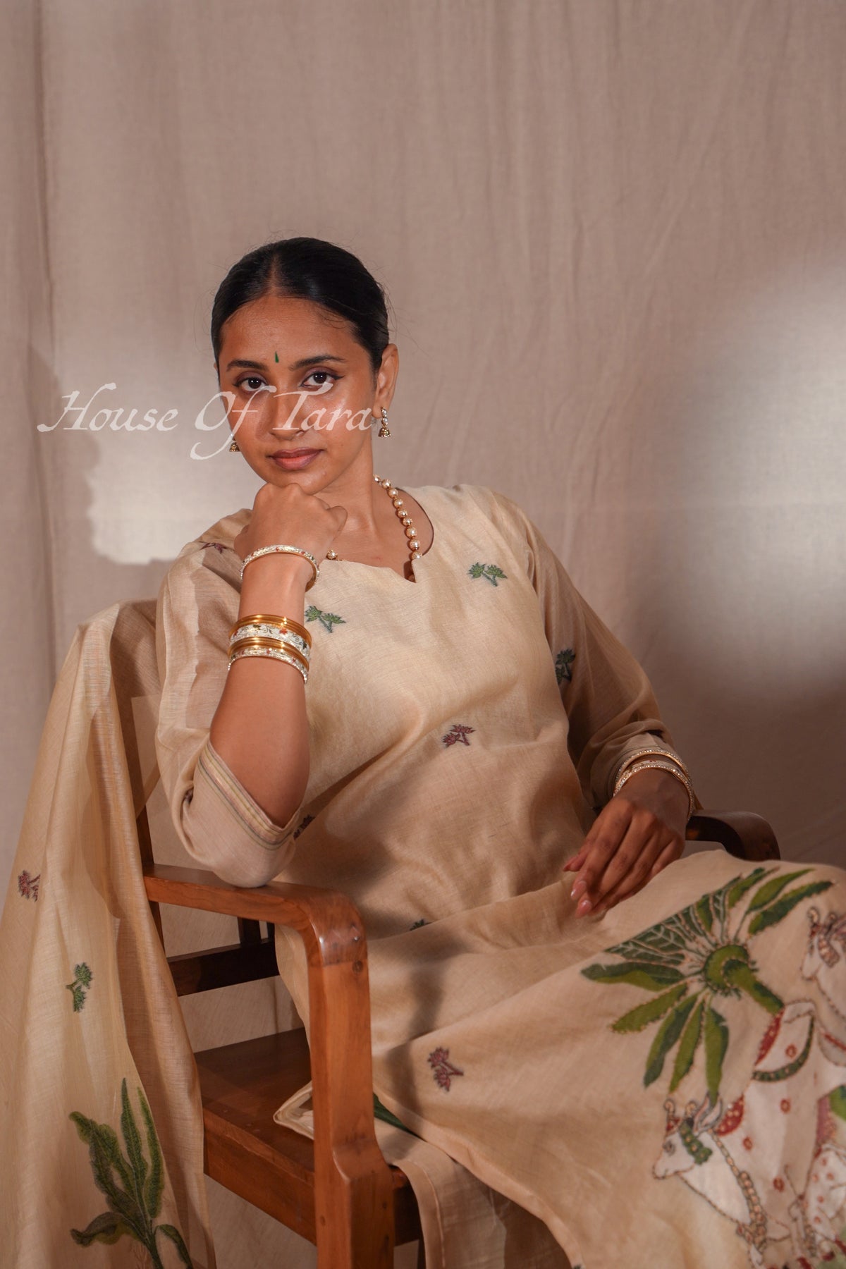 Beige Jamdani Peacock & Floral Kurta Set