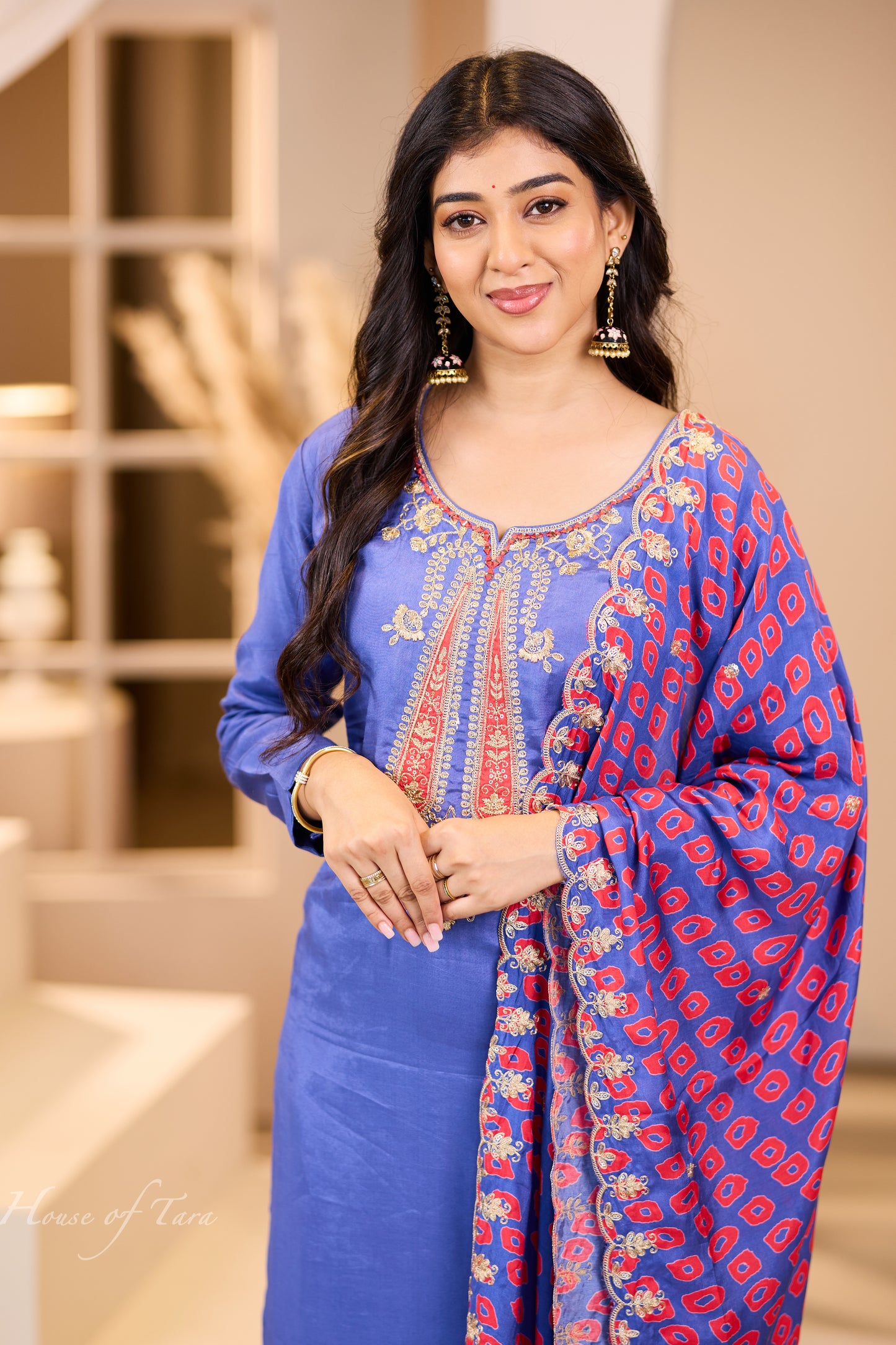 Blue Kurti Set with Red Neck Detailing and Printed Dupatta - Vibrant Elegance