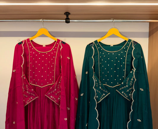 Gold Detail Pleated Dress Set with Dupatta – Pink or Bottle Green