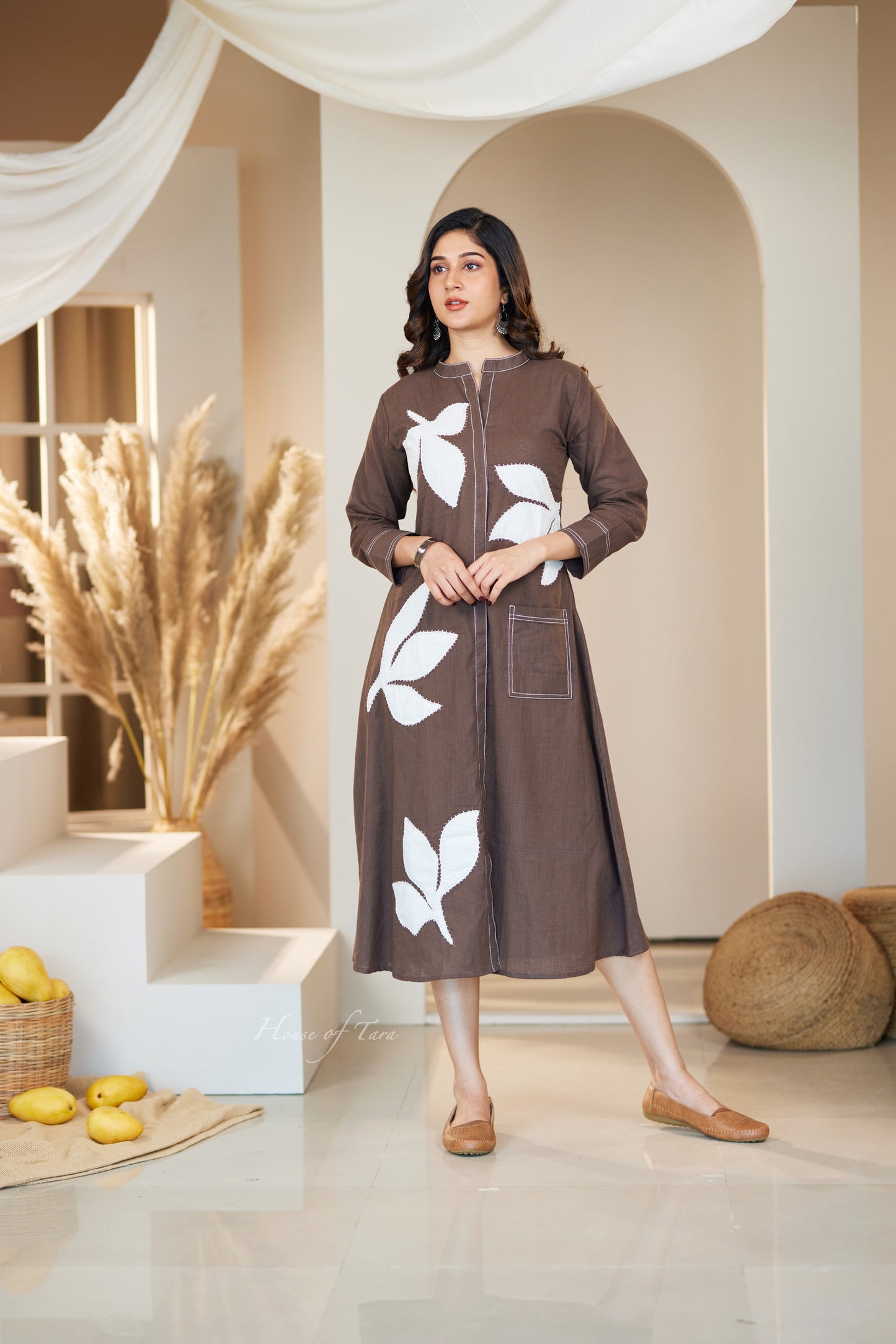Coffee Linen Summer Frock with Leaf Appliqué Hand Embroidery in Four Colors