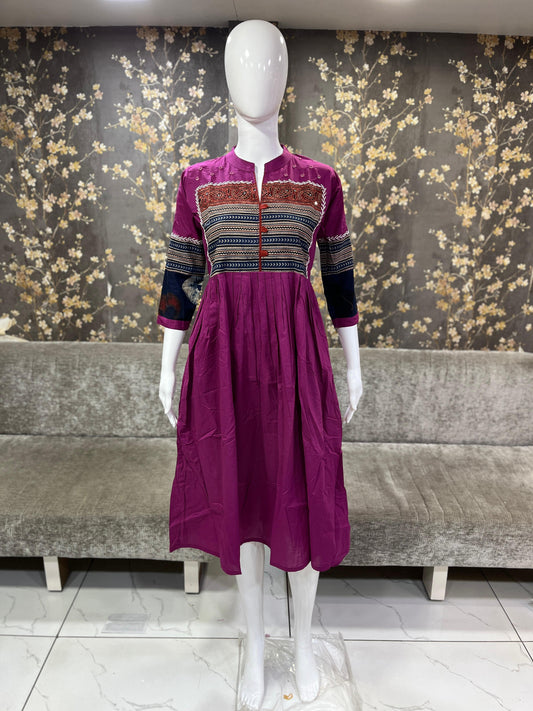 Cotton frock with Ajrak print and mirror work and katha work