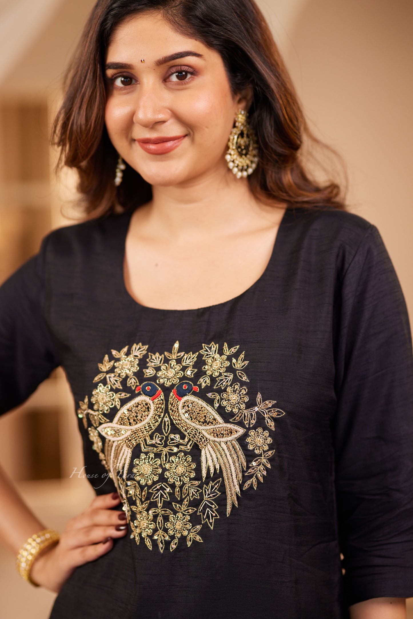 Black Elegant Raw Silk Kurti Sets with Hand Embroidered on Yoke