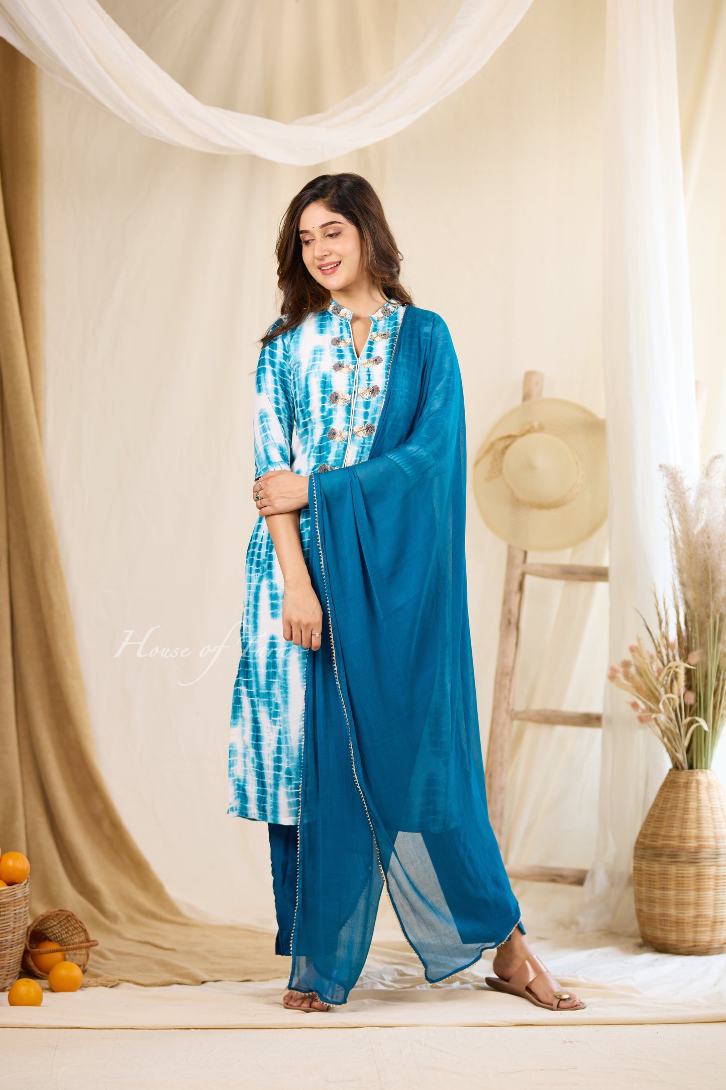 Indigo Elegance: Blue Silk Kurti Set with Hand-Embroidered Neckline and Sleeves