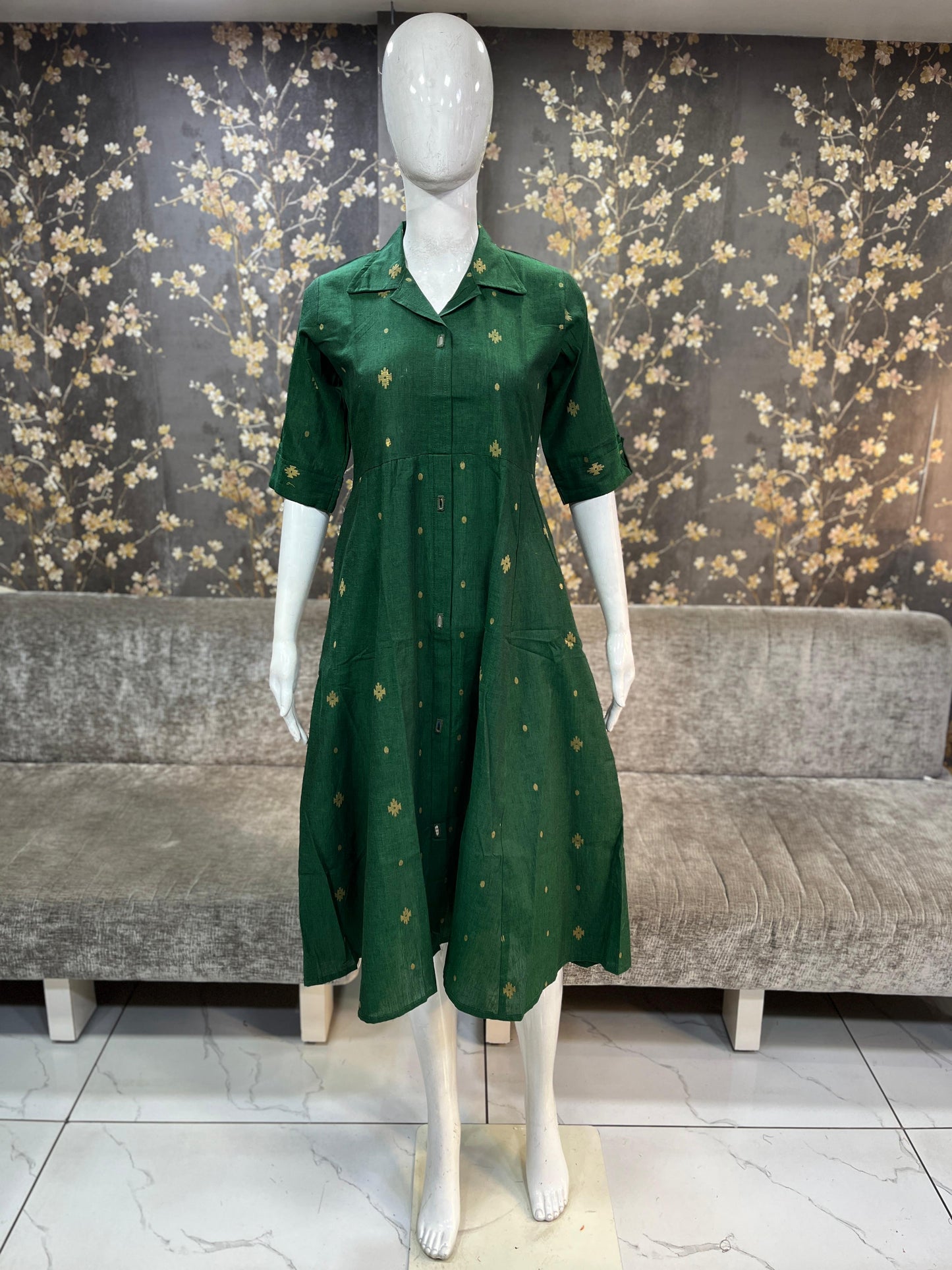 Radiant Green Handloom Frock/Kurti with Mirror Detailing