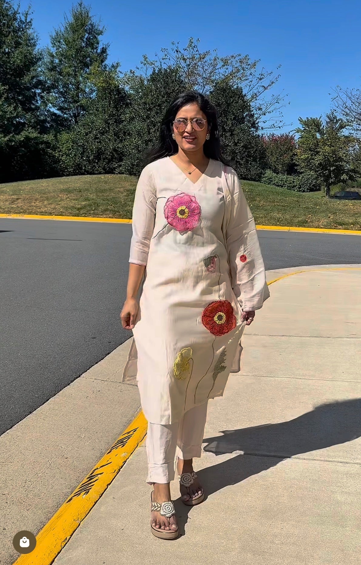Cream Floral Appliqué Kurta Set