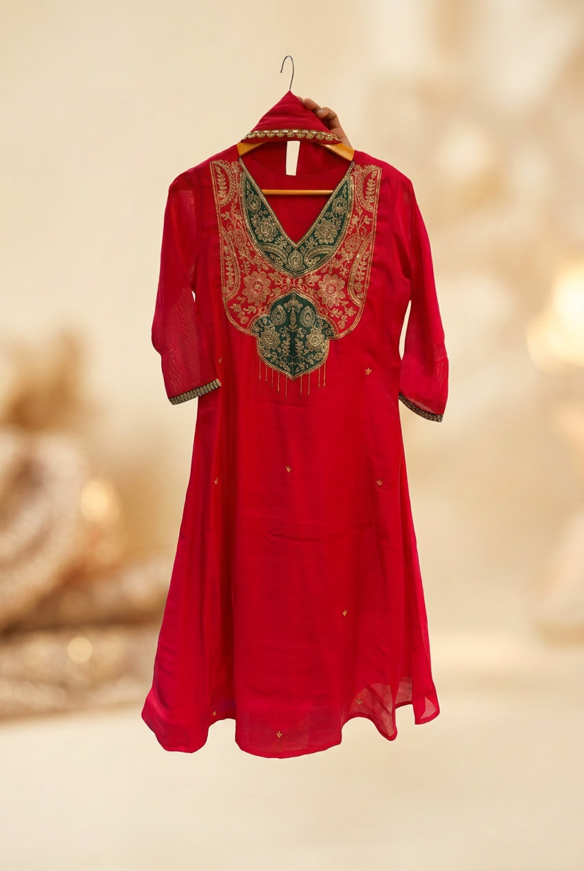 Ruby Red Dress with Green & Gold Embroidery