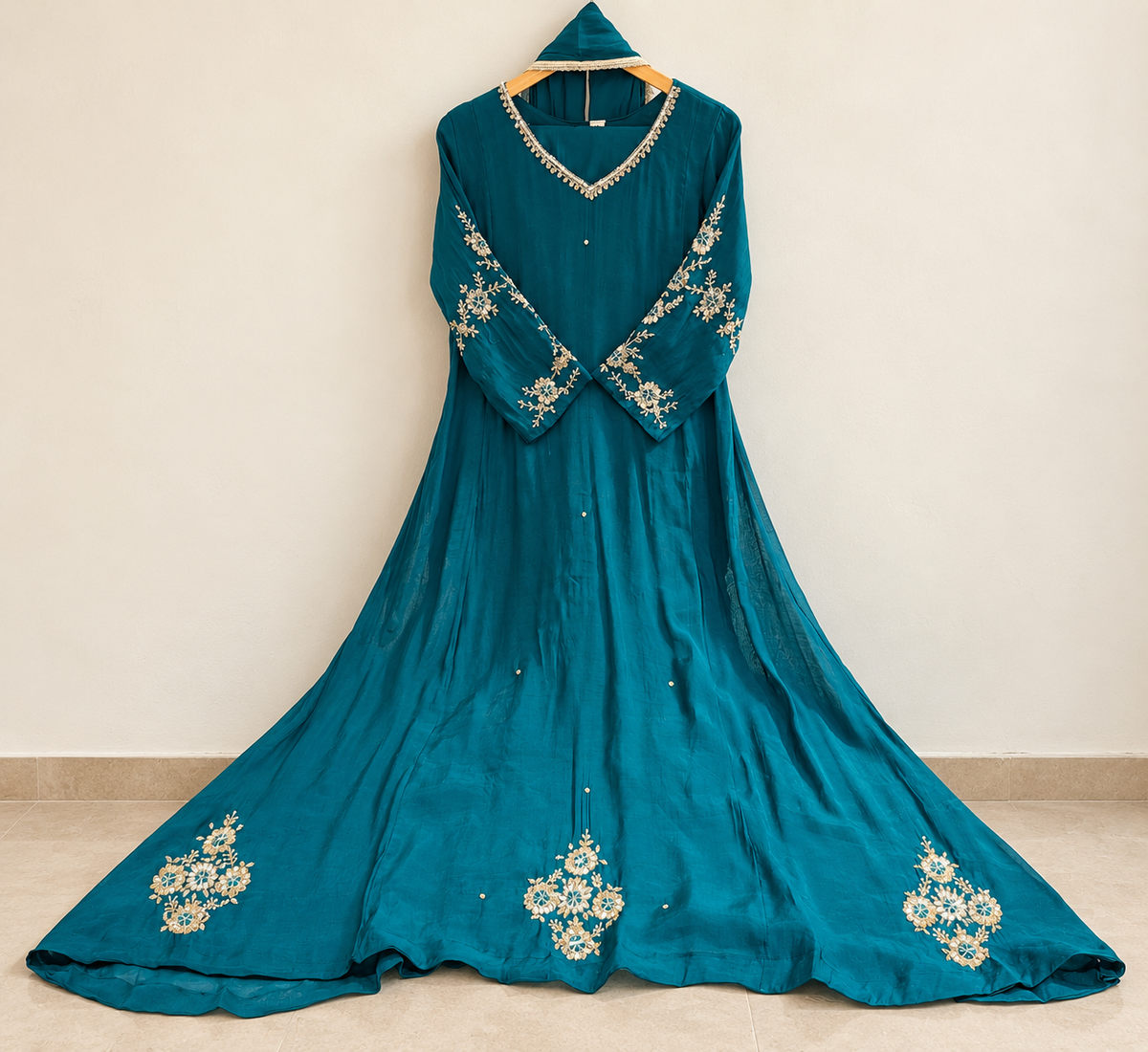 Orange peacock blue Floral Embroidered Flared Anarkali Aline Dress