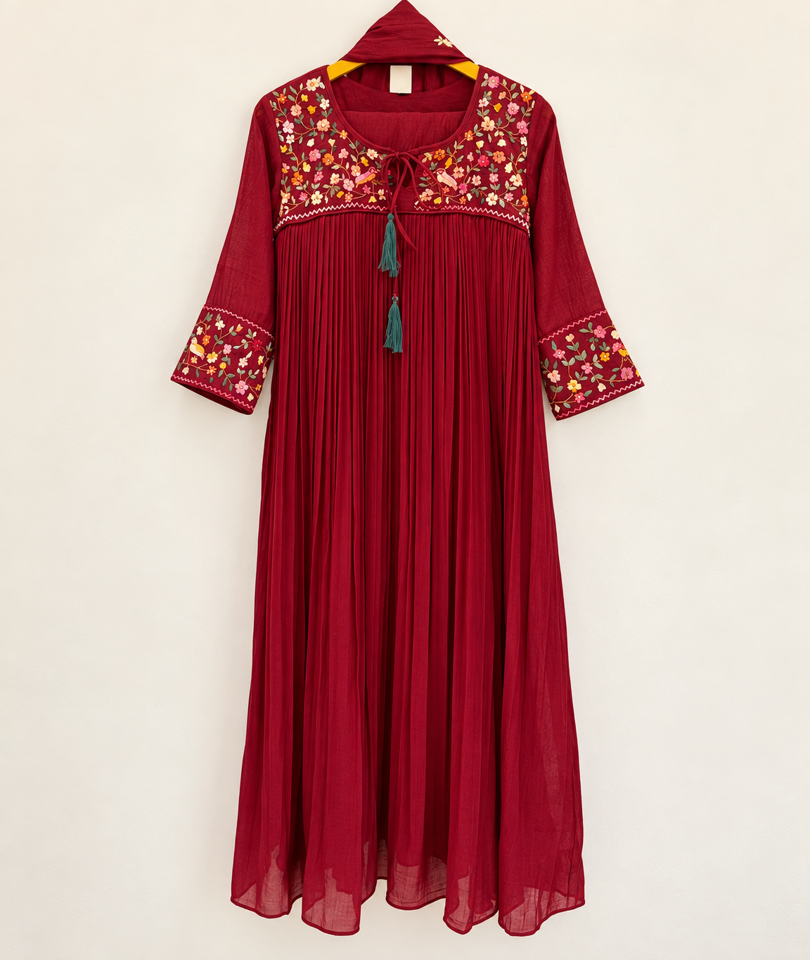 Red Floral Embroidered Pleated Dress