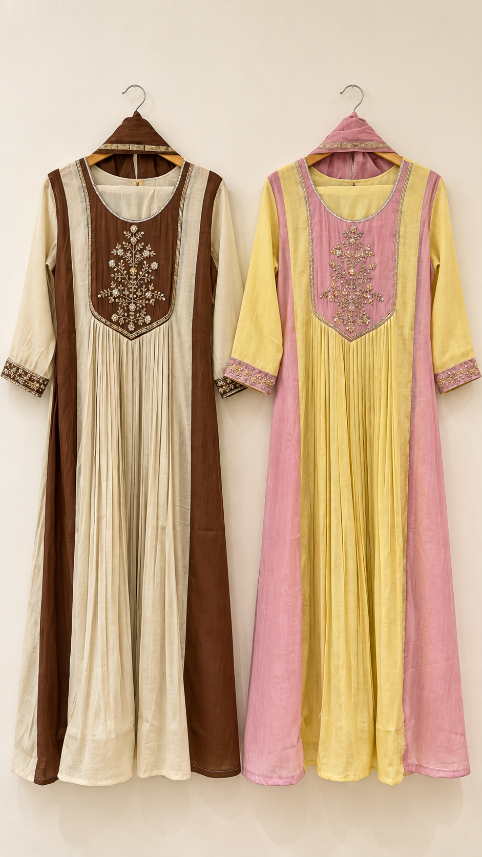 Embroidered Pleated Dress – Ivory & Brown or Yellow & Pink