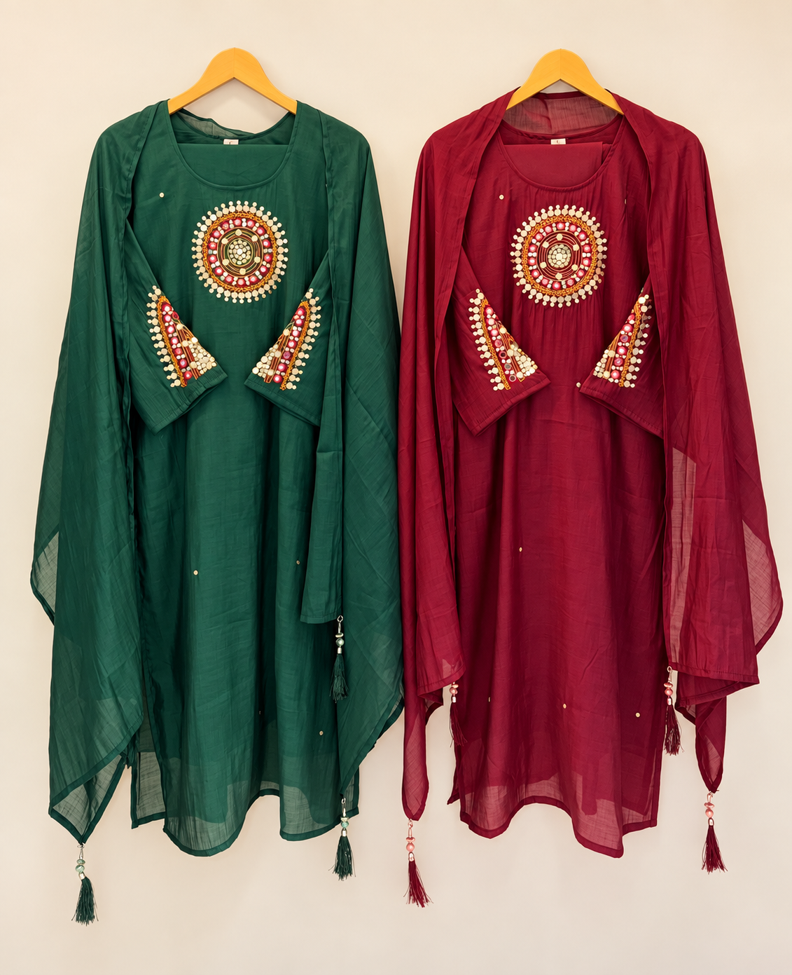 Embroidered Medallion Dress with Dupatta – Bottle Green or Wine Red