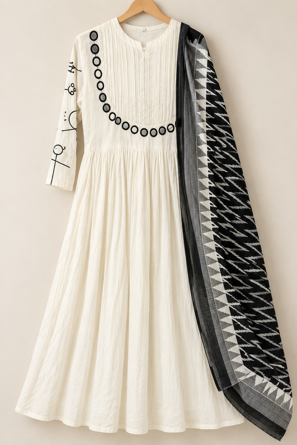 Ivory Pintuck Flared Dress with Black Circle Detailing