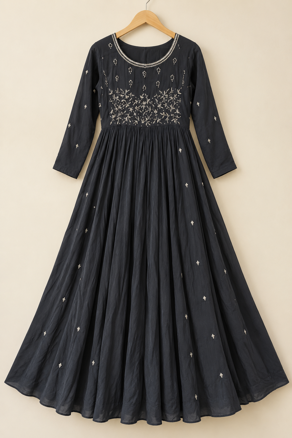 Charcoal Flared Dress with Silver Floral Embroidery