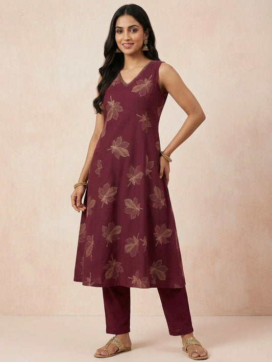 Maroon And Emerald Green Floral Aline Cordset