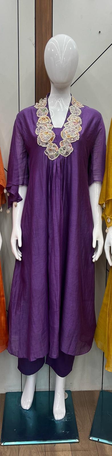 Elegant Mulchanderi Purple Kurti Set with Applique Yoke