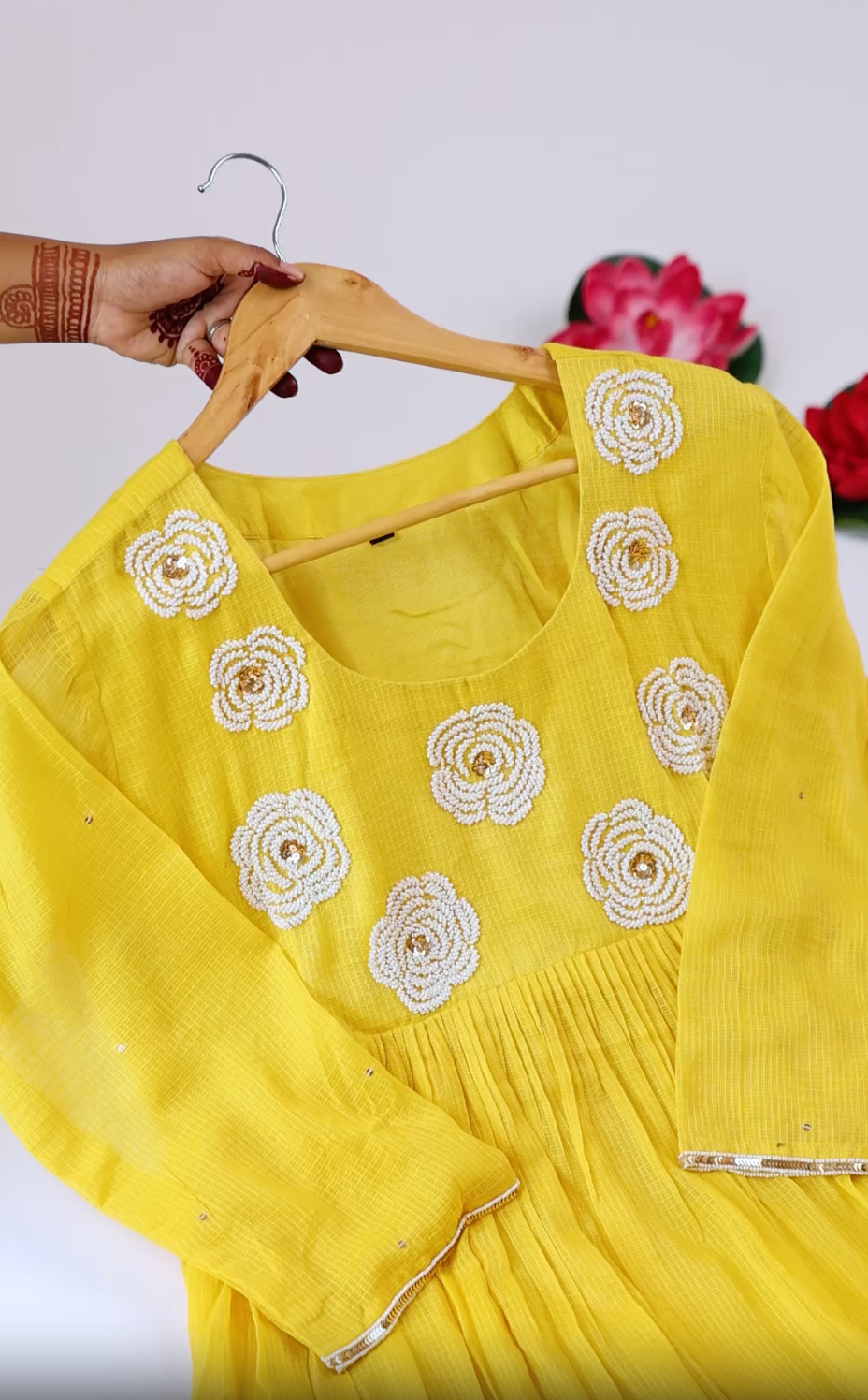 Mustard Yellow Pearl Embroidered Kurti Set