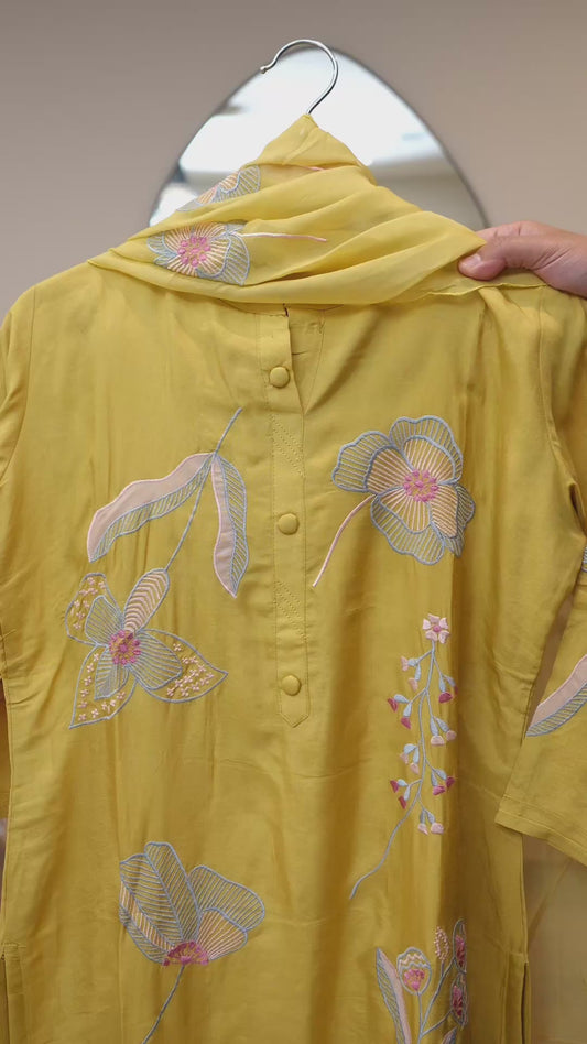 Mustard Yellow Kurti with Elegant Machine Embroidery