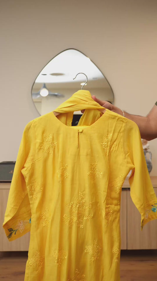 Luminous yellow Russian Silk Kurti Set