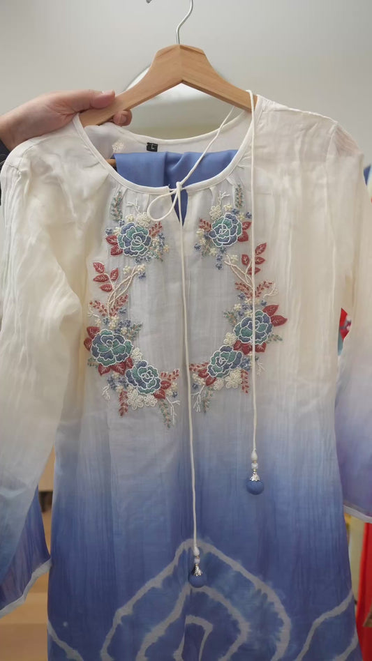 Blue and white Mulchanderi Coord Set with Ombre Shade, Batik Print & Yoke Embroidery