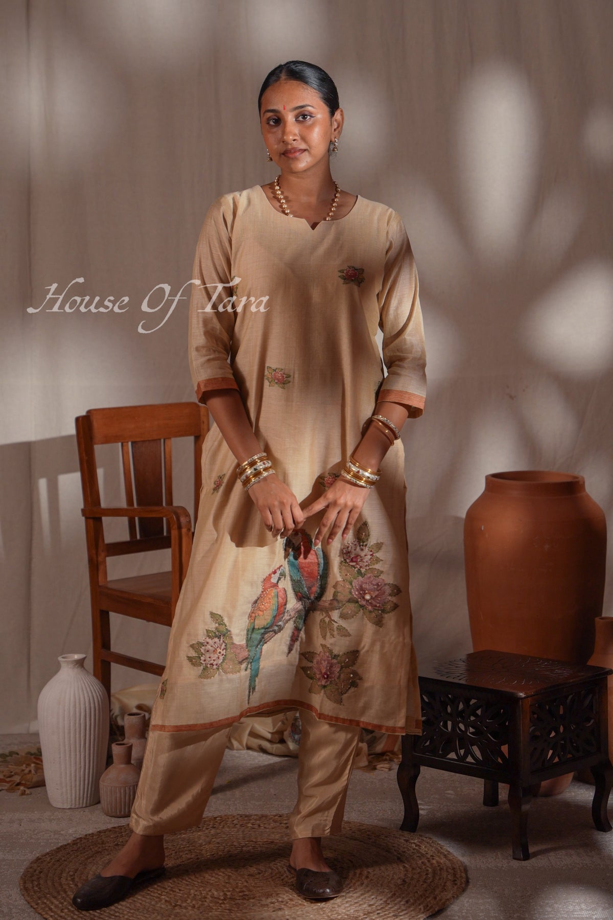 Beige Jamdani Peacock & Floral Kurta Set