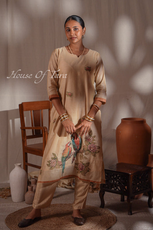 Beige Jamdani Peacock & Floral Kurta Set