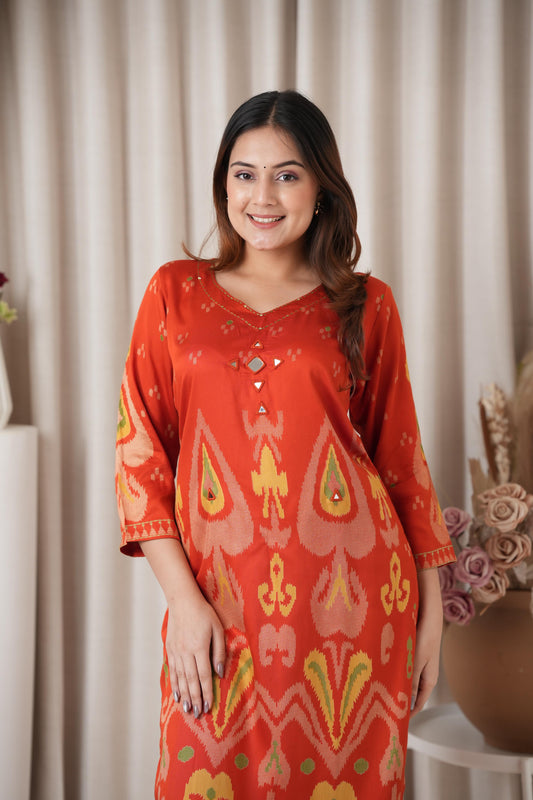 Bright Orange Kurti Set with Mirror and Thread Embroidery