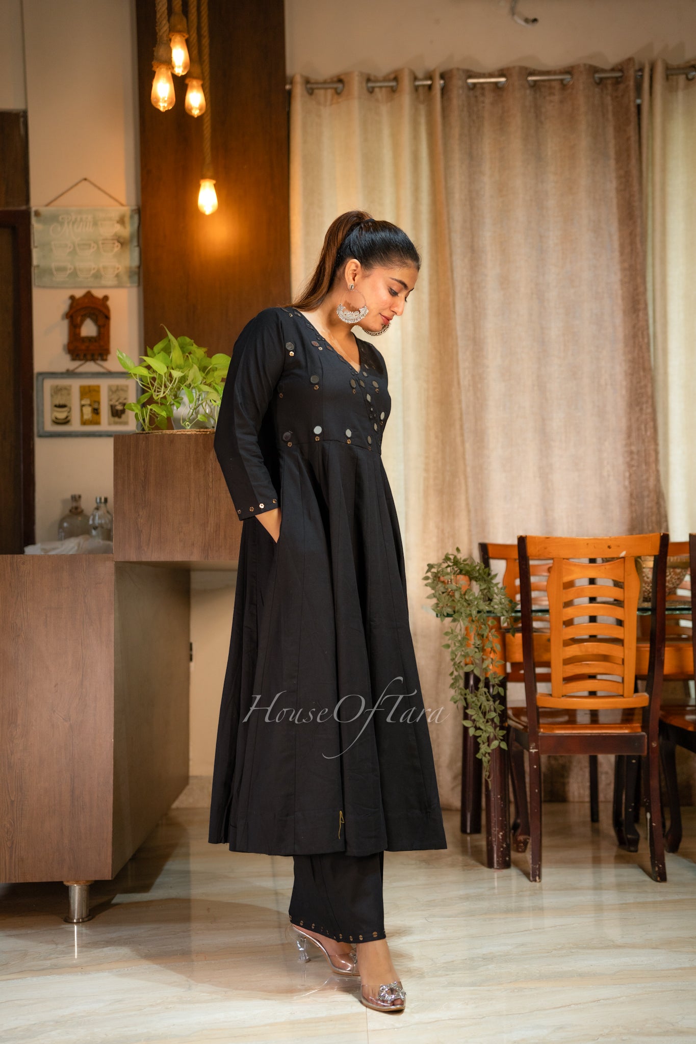 Elegant Black Anarkali Set with Mirror Embroidery