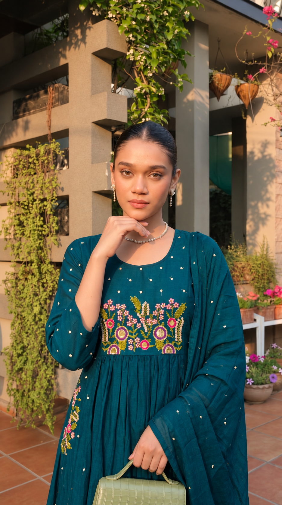 Floral Machine-Embroidered Cotton Anline 3-Piece Set