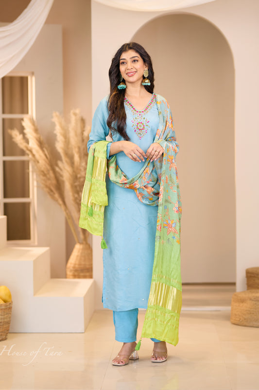 Blue Kurti Set with Green Gajji Silk Dupatta - Playful Summer Contrast