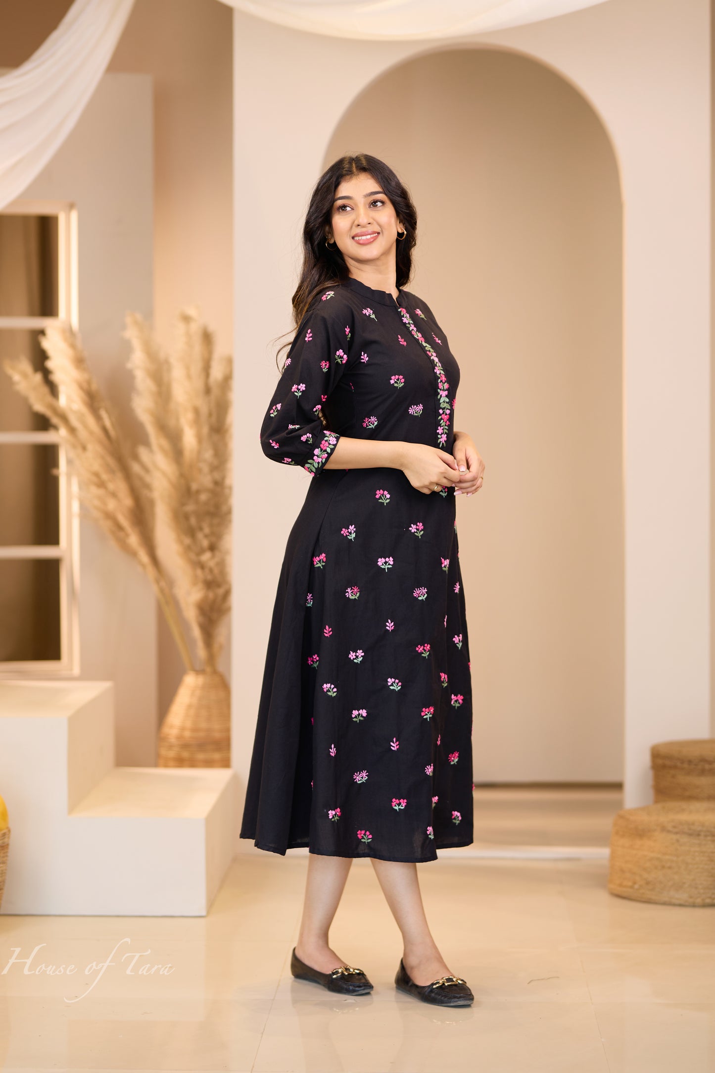 Black Cotton Frock with All-Over Floral Hand Embroidery - Summer Elegance