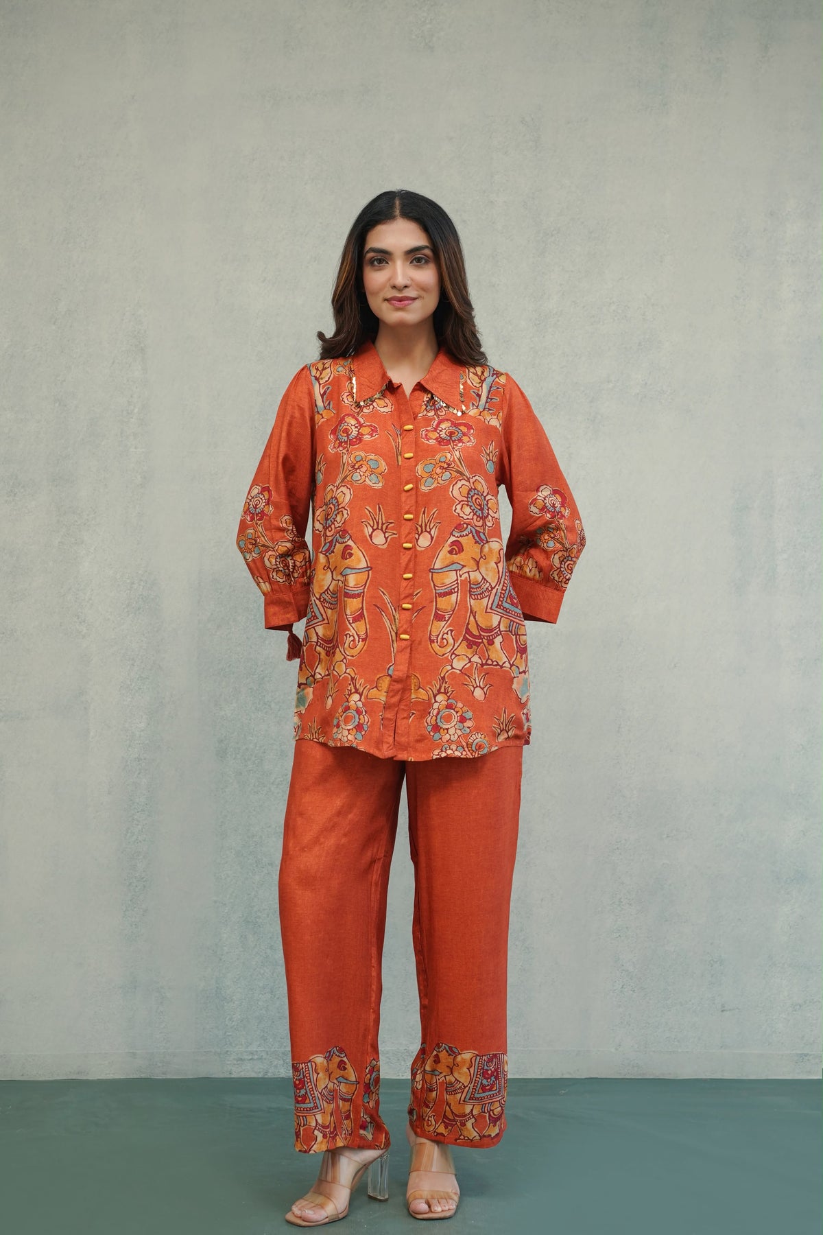 Preorder - Heritage Bloom Printed Co-ord Set – Teal Green, Rust Orange & Blue
