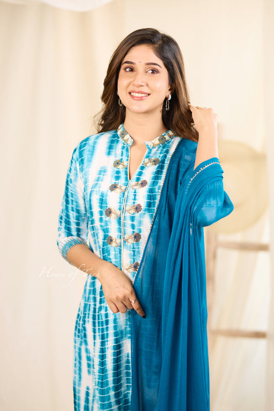 Indigo Elegance: Blue Silk Kurti Set with Hand-Embroidered Neckline and Sleeves