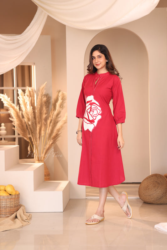 Red - Pure Malai Cotton Frock with Statement Rose Applique Embroidery