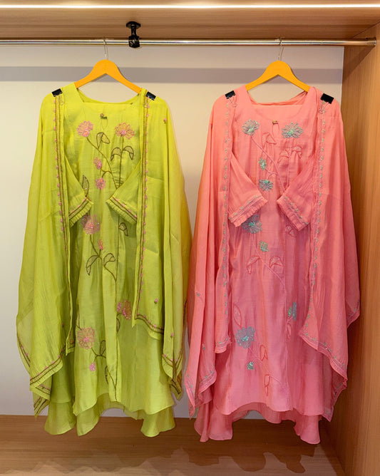 Pushpa Floral Embroidered Mulchanderi Set (Pista/Peach/Blue)