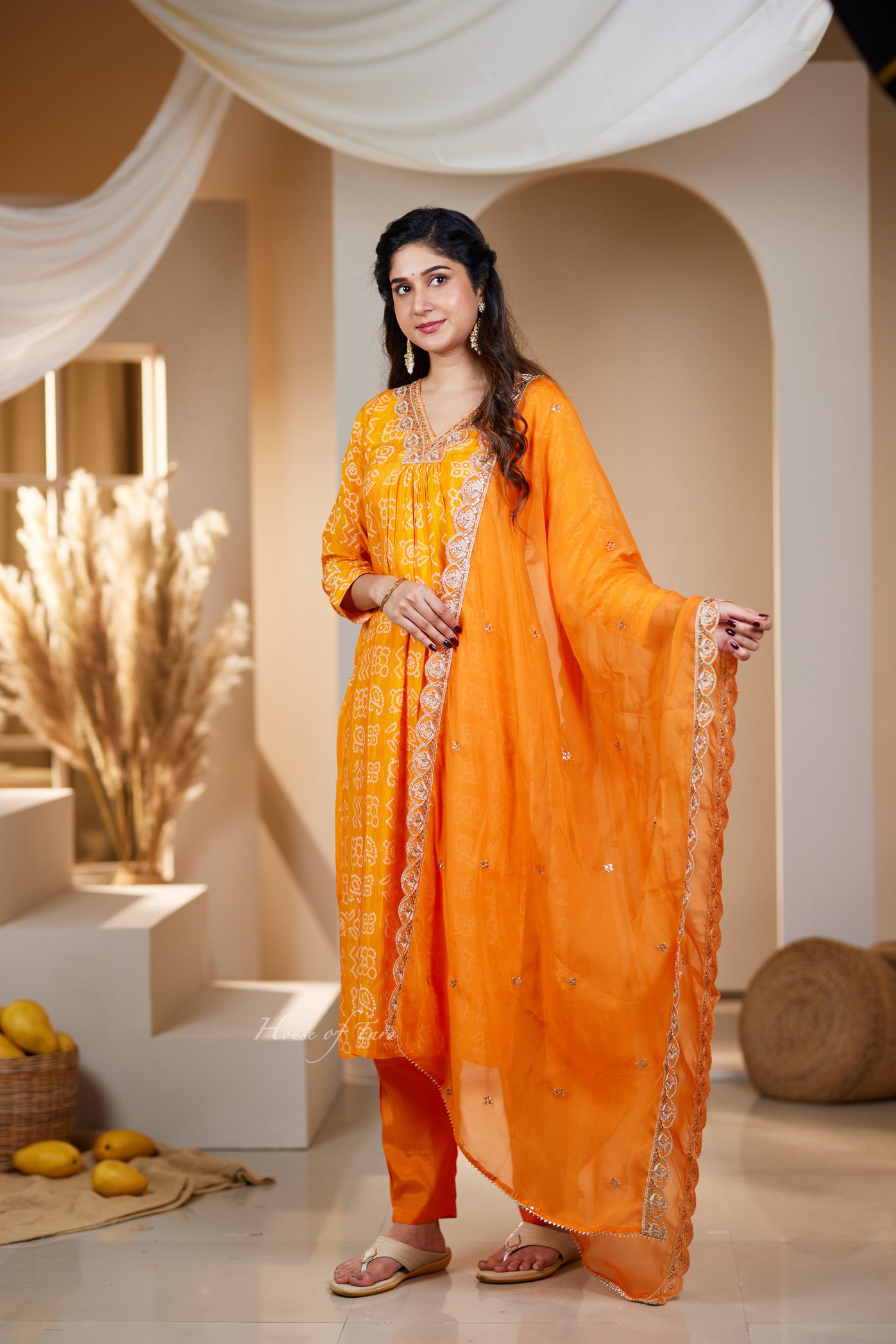 Orange Bandhani Printed Kurti Set with Embellished Neckline