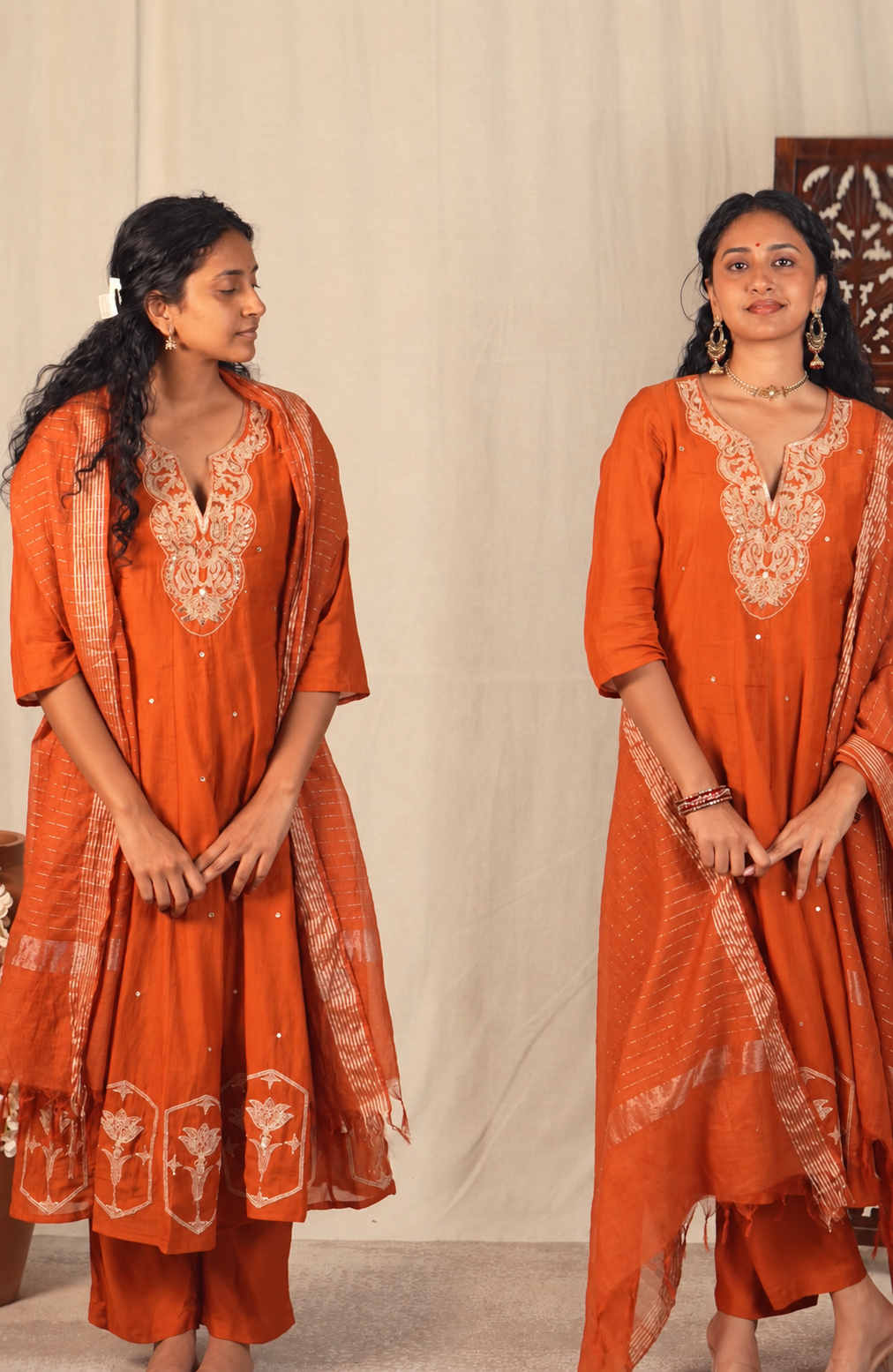 Rust Orange Embroidered Kurta Set with Striped Dupatta