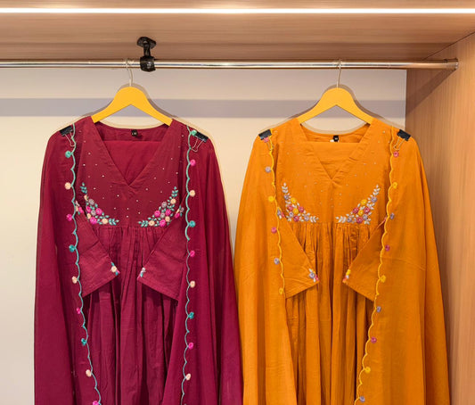 Rangrez Floral Embroidered Mulcotton Dress (Wine/Mustard yellow