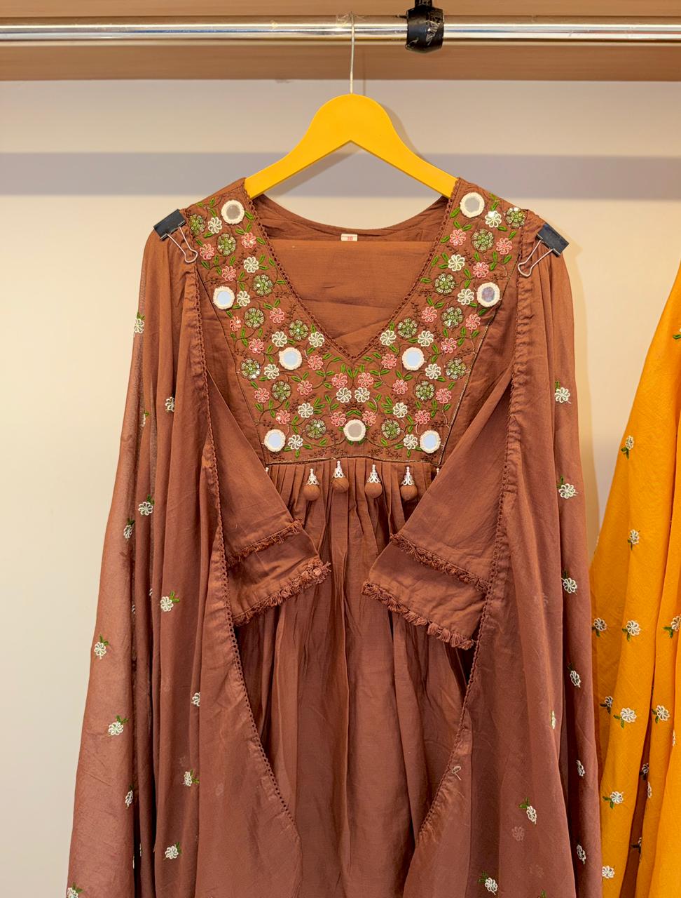 Gulbahar Mirrorwork Mulcotton Dress (Mustard/Brown)