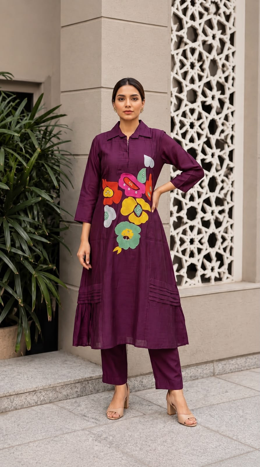Teal Blue Floral Appliqué Kurti