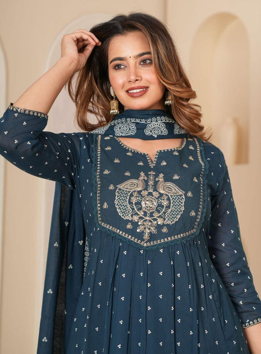 Blue Kurti Set with designer Yoke