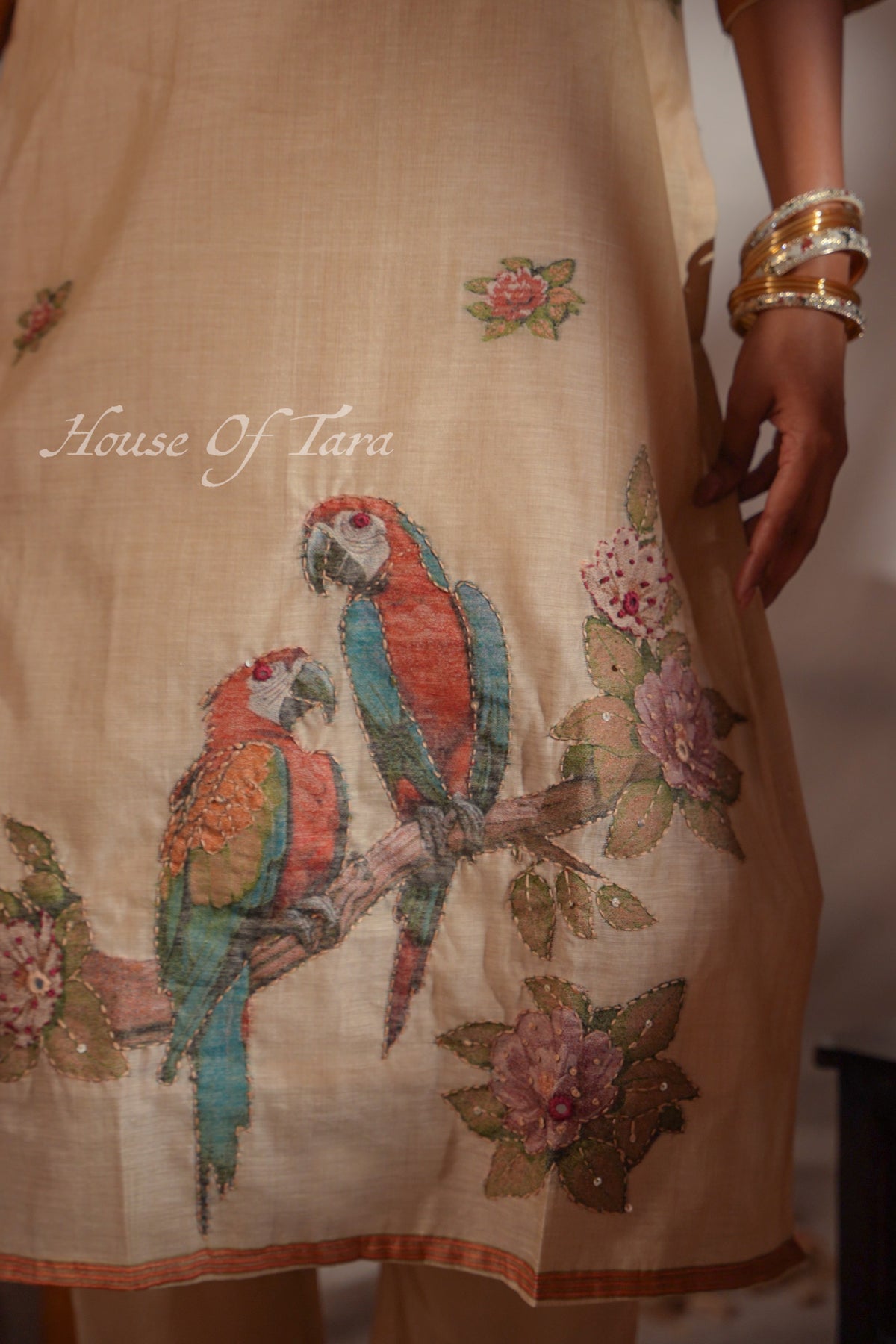 Beige Jamdani Peacock & Floral Kurta Set