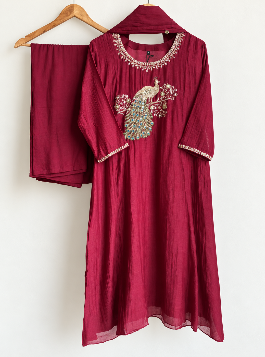 Burgundy Peacock Embroidered Kurta Set
