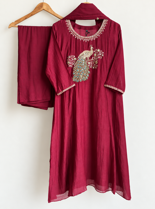 Burgundy Peacock Embroidered Kurta Set