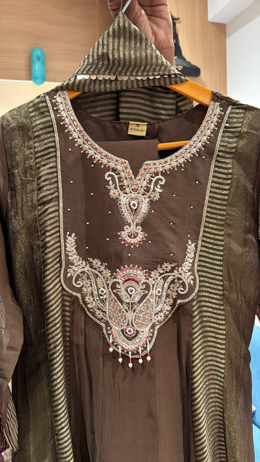 Dark Brown Embroidered Anarkali Suit